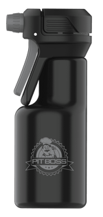 Rendered side view of a black Pit Boss spritzer bottle showing logo and ergonomic trigger head
