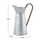 Front-facing galvanized pitcher with dimension lines showing height and base measurements