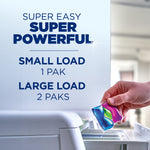 Hand placing a colorful laundry Power Pak into a washer dispenser with usage guidance text for small and large loads