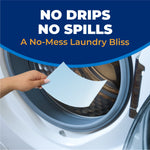 Hand placing a detergent sheet into the drum of a front-load washer beneath headline 'No Drips No Spills A No-Mess Laundry Bliss'.
