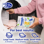 Hands placing a Snuggle +SuperFresh Morning Breeze dryer sheet box into a dryer with usage guidance icons for sheets per load