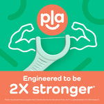 Graphic of a Plackers floss pick with flexed arm icons and text claiming ‘engineered to be 2X stronger’