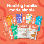 Assortment graphic of multiple Plackers pouch designs arranged under the headline ‘Healthy habits made simple’