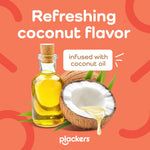 Graphic of a halved coconut and a bottle of oil with text 'Refreshing coconut flavor' and 'infused with coconut oil' branding.