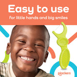 Smiling child with a close-up Plackers green Dual Gripz floss pick and headline ‘Easy to use’ graphic
