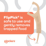 Informational graphic showing a beige FlipPick floss pick and text explaining it safely and gently removes trapped food.