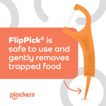 Orange Plackers FlipPick floss pick shown vertically with instructional text about safely removing trapped food, brand logo.
