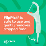Plackers FlipPick graphic showing a mint-colored floss pick and copy explaining it safely removes trapped food