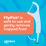 Illustration of a Plackers FlipPick floss pick with text explaining it safely and gently removes trapped food