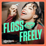 Lifestyle image of a person flossing with a Plackers floss pick overlaid with bold “FLOSS FREELY” text and brand logo