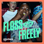 Child eating popcorn in a theater with bold ‘FLOSS FREELY’ overlay and Plackers logo in corner