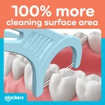 Close-up graphic of a blue Plackers floss pick cleaning between molars with text about increased cleaning surface area