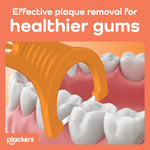 Illustration close-up of an orange Plackers floss pick cleaning between white teeth and gums, promotional graphic.