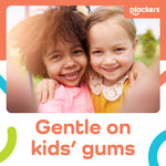 Two children smiling in a framed photo above text reading ‘Gentle on kids’ gums’ with Plackers logo