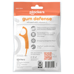 Back of a Plackers Gum Defense resealable pouch showing product features, an orange floss pick, barcode and QR code