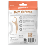 Back of a Plackers Gum Defense resealable pouch showing product features, icons, a QR code and a beige floss pick image.
