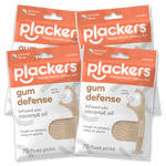 Four resealable Plackers Gum Defense pouches showing coconut-flavored floss pick packaging and product illustration.