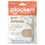 Front-facing resealable pouch of Plackers Gum Defense floss picks featuring coconut oil branding and a beige floss pick image.