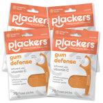 Four resealable orange-and-white Plackers Gum Defense packaging pouches shown together, front view.