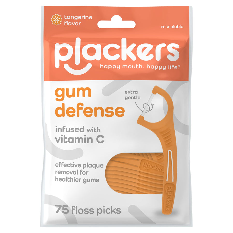 Resealable Plackers Gum Defense package in tangerine color showing an orange floss pick and product text