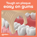 Close-up illustration of a beige Plackers floss pick cleaning between teeth with headline 'Tough on plaque easy on gums'.