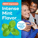 Promotional split graphic with mint leaves and two people smiling while one holds a Plackers floss pick, highlighting intense mint flavor