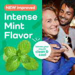 Promotional image with mint leaves, smiling people and text highlighting ‘Intense Mint Flavor’ for Plackers