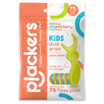 Front-pack shot of Plackers Kids Dual Gripz wild berry floss picks in branded resealable pouch