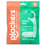 Resealable Plackers bag showing teal mint floss pick illustration and bold brand name on orange panel