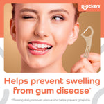 Smiling person winking while holding a beige Plackers floss pick next to text about preventing swelling from gum disease.