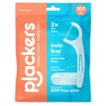 Resealable Plackers branded pouch showing a blue twin-line floss pick illustration and orange panel with logo