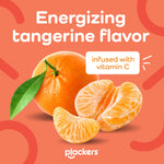 Graphic of whole and peeled tangerine with text highlighting energizing tangerine flavor and vitamin C, Plackers branding.