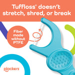 Close-up graphic of a blue Plackers floss pick head with text explaining ‘Tuffloss doesn’t stretch, shred, or break’