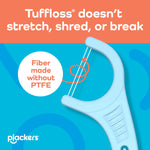Graphic close-up of a light blue Plackers floss pick head showing twin Tuffloss fibers with a note about PTFE-free fiber