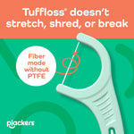 Close-up Plackers floss pick head showing Tuffloss fiber with callout that fiber is made without PTFE