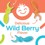Colorful graphic showing three Plackers Dual Gripz floss picks and text ‘Delicious Wild Berry Flavor’