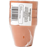 Stacked terra cotta pots wrapped in plastic with a visible barcode and product label
