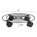 Single black round metal plant caddy shown with 12" diameter and 2.44" height dimensions