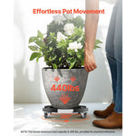 Large plant pot sitting on a four-wheeled dolly with text overlay showing 440 lbs capacity and 360° rotation