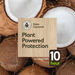 Graphic panel reading ‘Plant Powered Protection’ over a background of halved coconuts and wood grain.
