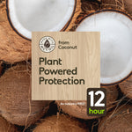 Wood-textured panel reading “Plant Powered Protection” over a background of halved coconuts and a 12 hour badge