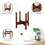 Product infographic showing wooden plant stand with close-ups, assembly notes and antique mahogany finish