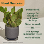 Instructional graphic beside a potted cactus reading 'Plant Success' with directions to pump on soil or mix pumps with water for feeding.