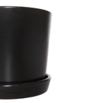 Close-up crop of a semi-matte black ceramic planter and saucer, showing rim and upper side detail.