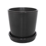 Semi-matte black Bryant ceramic pot with saucer shown from a slightly elevated front angle on white background.