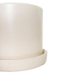 Close-up crop of a cream cylindrical planter and saucer showing smooth matte finish and slight texture