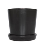 Semi-matte black ceramic plant container with matching saucer, front view on white background.