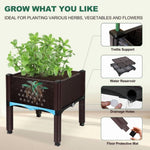 Informational graphic of a single raised planter showing trellis support, water reservoir, drainage holes and floor protective mat callouts.