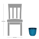 Silhouette size comparison graphic showing a chair outline next to a small aqua ribbed planter for scale
