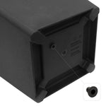 Underside of a black square planter highlighting a removable drain plug and molded foot pads
